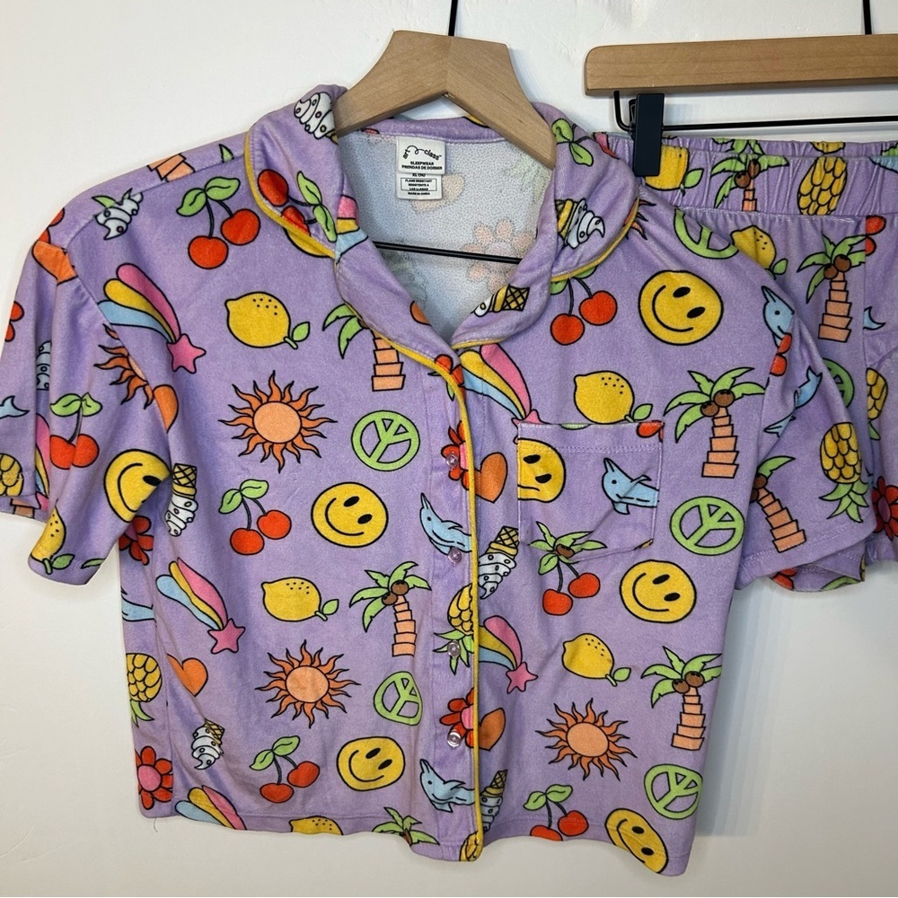 Art Class Girls Purple Printed Pajama Set, Size XL (14), Smiley Face, Cherries - Picture 2 of 8